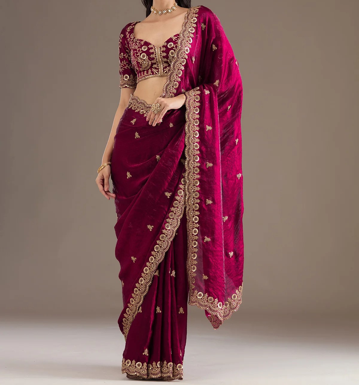 Dark Maroon Zariwork Tissue Saree
